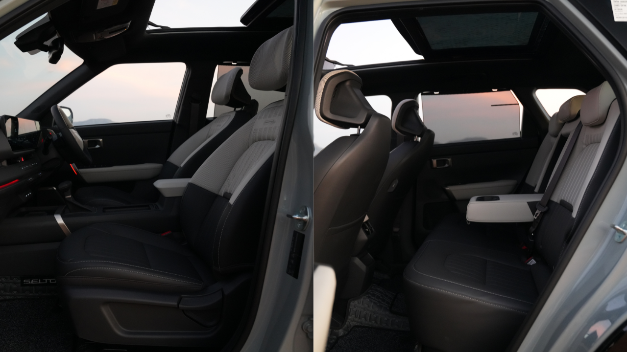 The front seats are well cushioned and supportive, offering a relaxed driving position.